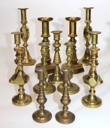 Lot Of 13 Vintage Brass Candlesticks Ranging In Size From Approx. 5 Inches-9 Inches