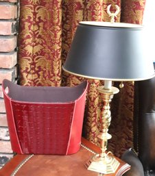 Vintage Style Brass Desk Lamp With Barley Twist Center, Two Lights-Metal Shade And Red Leather Waste Basket