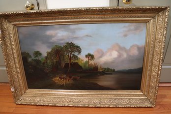 Fine Antique Landscape View Painting Approx. 51 Inches X 33 Inches