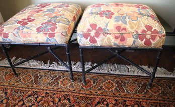 Pair Of Vintage Stools On Metal Bamboo Frames With Custom Floral Tapestry Fabric