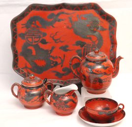 Antique Japanese Orange Porcelain Tea Set With Silver Overlay Of Dragons & Symbols.