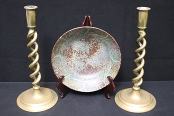 Raku Style Pottery Bowl With Wheat Sheaf Border And Antique Brass Barley Twist Candlesticks.