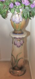 Gorgeous French Chaumette Art Nouveau Style Majolica Jardiniere On Pedestal With Iris Flowers
