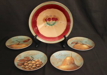 Ceramic Bowl With Hand Painted Design And 4 Pier 1 Fruit Plates.