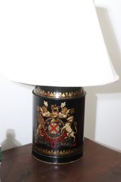 Antique Toleware Tea Canister Lamp Conversion Decorated With Heraldic Coat Of Arms