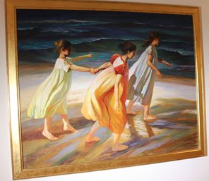 Large Oil Painting On Canvas Signed Shilling, Of Young Girls With Billowy Dresses At The Seashore