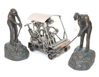 Unique Metal Golf Cart Sculpture Design By Hinz & Kunsi Das Original & Pair Of Metal Bronze Bookends.