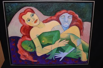 Contemporary Surrealist Style Painting On Canvas Green Dream Signed C. Bach.