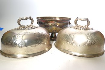 Pair Of Antique Silver-plated Covers Converted To Wall Sconces & Sheffield England Tureen With Lions Heads