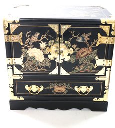 Asian Style Hand Painted Jewelry Chest With Ornate Brass Accents And Red Felt Liner