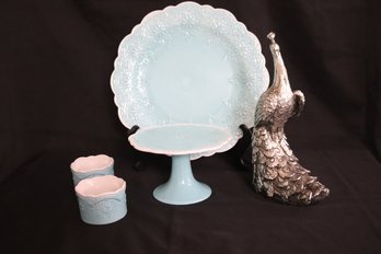 Pier 1 Imports Lacy Turquoise Platter, Pedestal Plate, Bowls And Decorative Peacock.