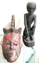 Hand Carved/Painted Wood Mask & Carved Wood Sculpture Ipugao Tribe In The Philippines
