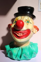 Large Painted Plaster Clown Bank From A-Z Productions With Glass Eyes