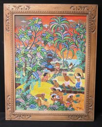Colorful, Contemporary Balinese Painting On Panel, Signed And Dated, In A Carved Frame.