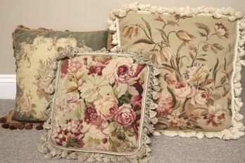 Three Vintage Needlepoint 161accent Pillows With Velvet Backing And Fringed Trim.