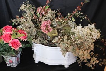 Large Decorative Centerpiece Basket With Rams Head Accents And Faux Floral Display And Decorative Pink Roses