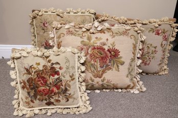 Lot Of 4 Vintage Needlepoint Accent Pillows With Velvet Backing And Fringes.