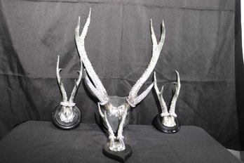 Set Of Metallic Painted Mounted Antlers Ranging In Size