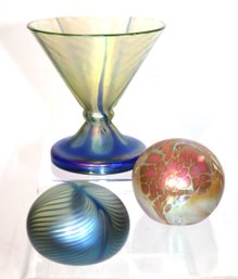 Two Signed Art Glass Paperweights & Czech Iridescent Martini Glass
