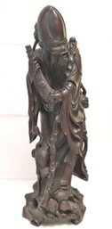 Large 2ft Tall Carved Wood Statue Of Shou Lao With Crane.