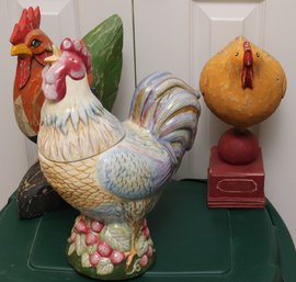 Rooster Themed Decor Including Painted Wood Examples And Dana Cullen Cookie Jar.