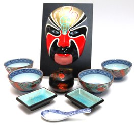Jin Bao Ca Shen Xia Sheng Painted Mask Art On A Frame Includes Traditional Rice Bowls