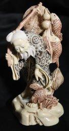 Signed Wise Chinese Fisherman Resin Sculpture 7.5 Inches Tall