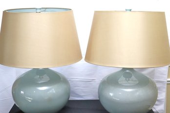 Pair Of Teal Color Porcelain Lamps With Custom Silk Shades And A Soft Craquelure Finish.