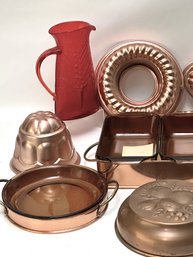 Vintage Copper Molds, Teapot, Anchor Amber Glass Fire King Serving Set, Hand Blown Glass Iced Tea Pitcher.