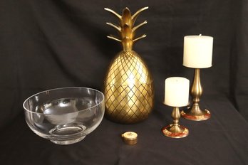Gold Pineapple Ice Bucket 2 Metal Pillar Candle Holders, Bowl, And Metal Pill Box