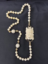 Beautiful Quality Bone And 14K Beaded Necklace With Carved Emperor Pendant