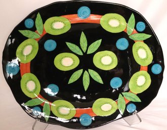 Large Ceramic Hand Painted Platter With Kiwi On Black Background, Signed R W Made In UK