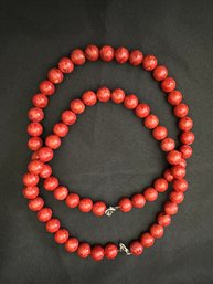PAIR OF AGATE KNOTTED BEADED NECKLACES IN DEEP ORANGE RUST TONES 16 INCHES LONG