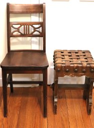 Vintage Wood Chair And Leather Wrapped Stool, With Large Nail Head Accents