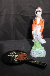 Vintage Asian Ceramic Sculpture With Stamp On Inside Including An Asian Style Plastic Hand Mirror