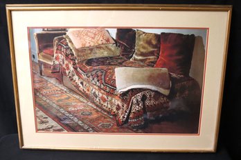 Framed Photograph Of Freuds Analytic Couch With Persian Rug Covering.