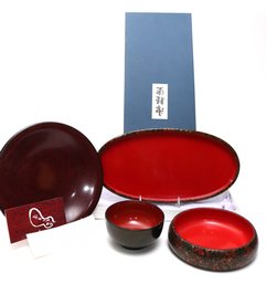 Traditional Japanese Lacquerware Tsugaru Nuri, Includes A Bowl With Hallmark & A Tray
