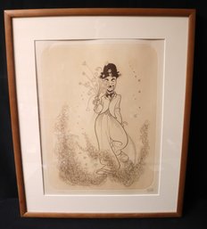 Hirschfeld Limited Edition 22/25 Lithograph Of Charlie Chaplin With Flowers.