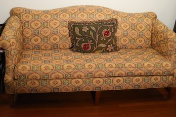 Vintage Camel Back Style Sofa With Custom Upholstery, Includes A Cute Floral Needlepoint Accent Pillow