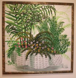 Post Modern Painting On Canvas Of Potted Ferns And Palms Signed Reyes