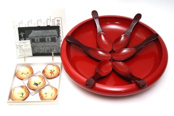 Traditional Japanese Lacquerware Includes A Large Bowl & Spoons As Pictured