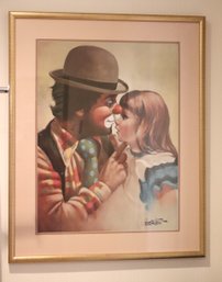 Chuck Oberstein Signed Print Of Clown Kissing Girl, Framed