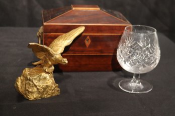 Wood Box With Lions Head Accents, Casted Brass Eagle And Tiffany And Co Brandy Snifter