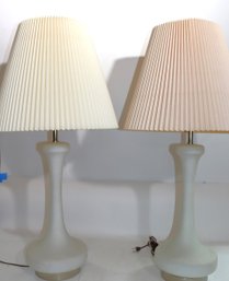 Pair Of Vintage Frosted Glass Table Lamps With Pleated Shades, Lights Ups From 3 Different Points