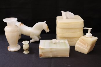 Decorative Onyx Accessories With Horse Figurine, Vase, Box & More