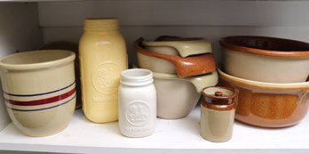 Lot Of Assorted Glazed Stoneware Pottery Kitchen Bowls And Jars