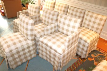 Set Of 8 Custom Skirted Dining Chairs With Custom Yellow Checkered Fabric