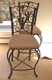 Pair Of Side Chairs With Scrolled Wrought Iron Backrest.