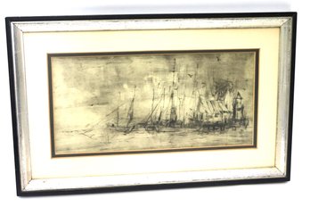 Modernist Framed Print Of Ships & Cabin On The Water