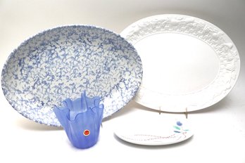 Blue Murano Glass Vase, Serving Platters, Blue & White Platter Made In Italy Stoviglierie & Platter Made I